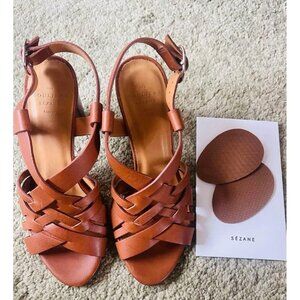 NWOB Sezane Estelle leather sandales brown camel heels36 US5.5